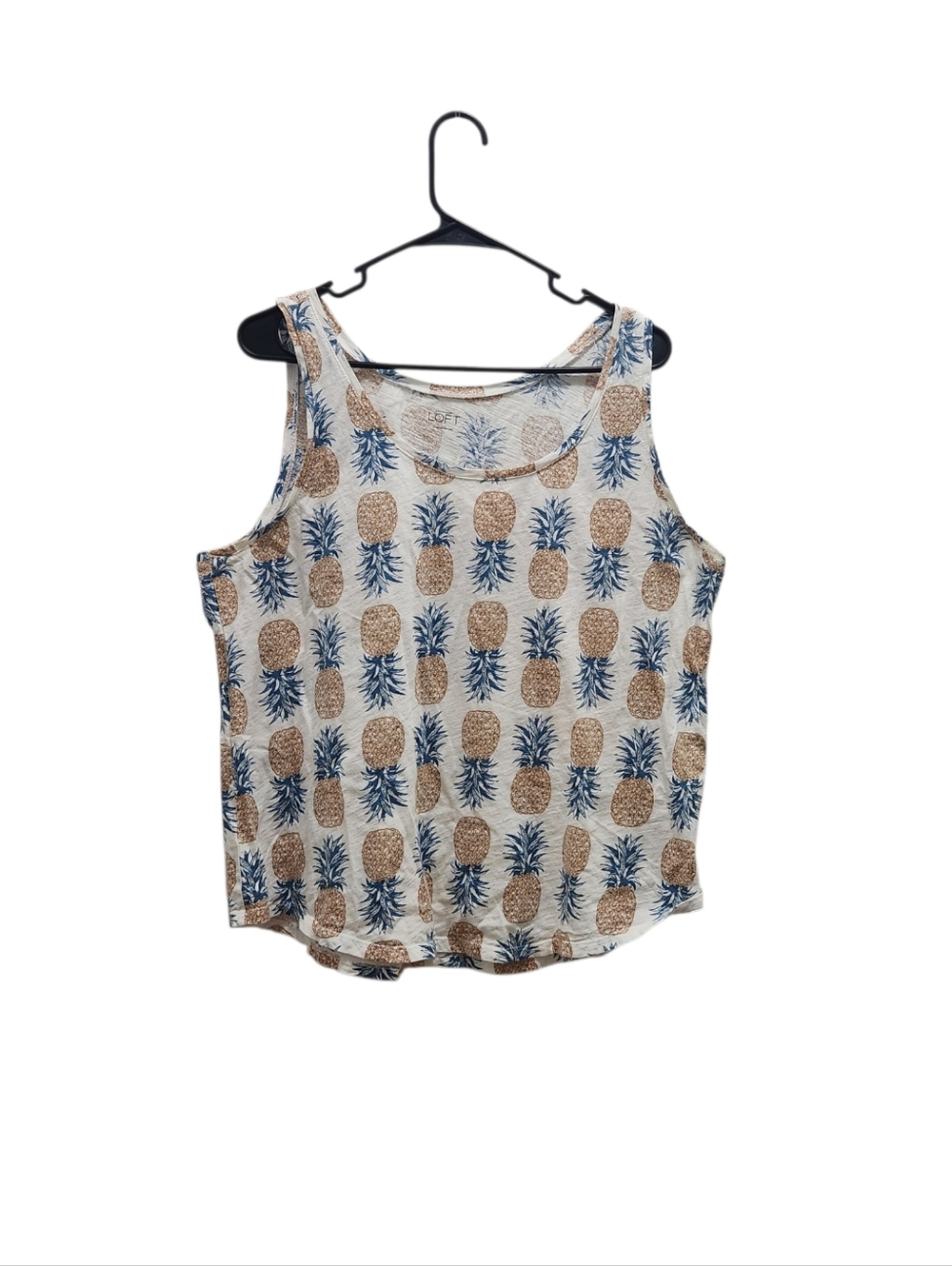 LOFT Sleeveless Pineapple Print Tank Top Cream Blue Size XL Cotton Summer Travel